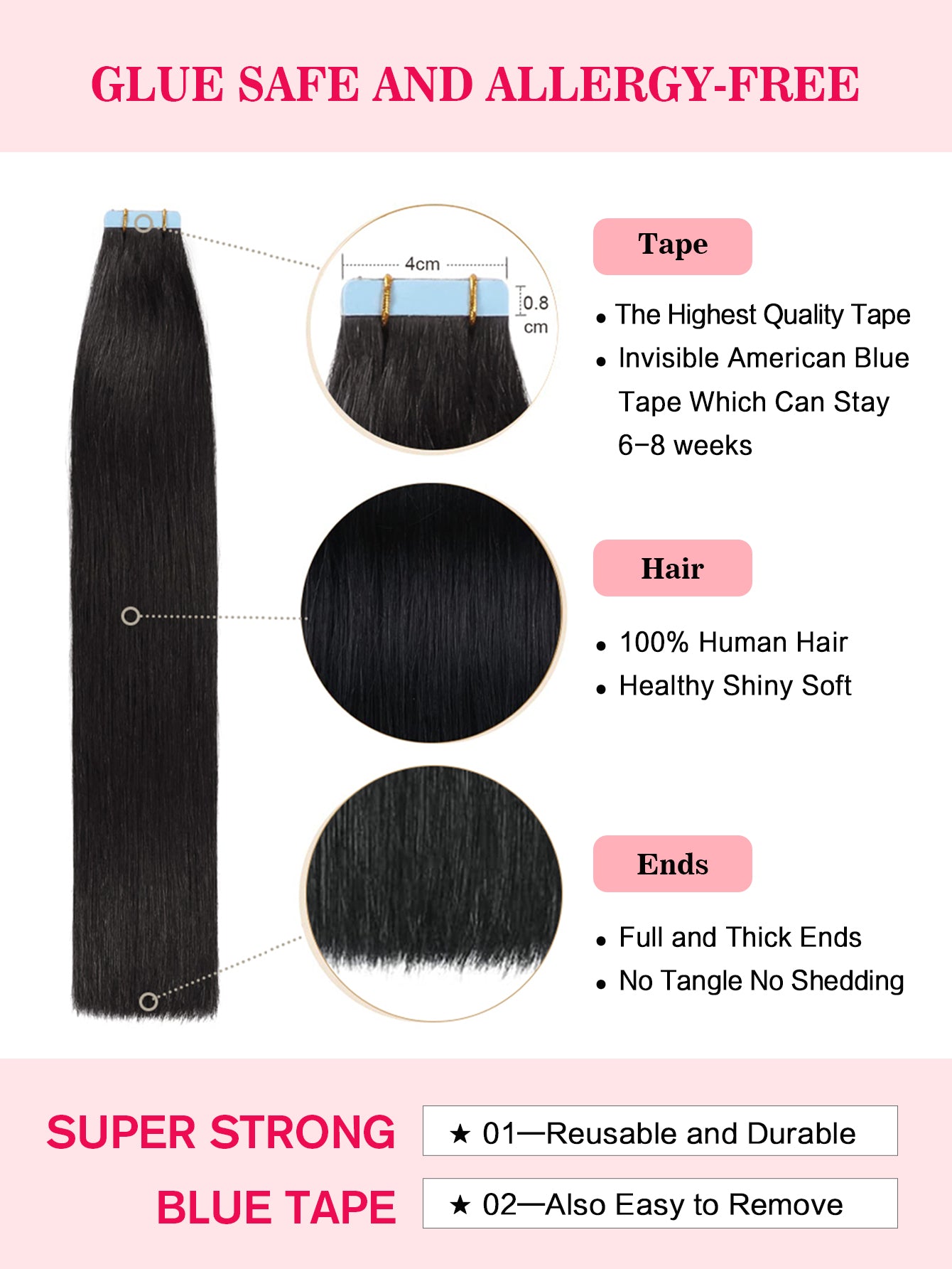 1B# Tape in Hair Extensions Natural Black 100% Remy Human 20 inches 20pcs 50g/pack Straight Seamless Skin Weft Hair