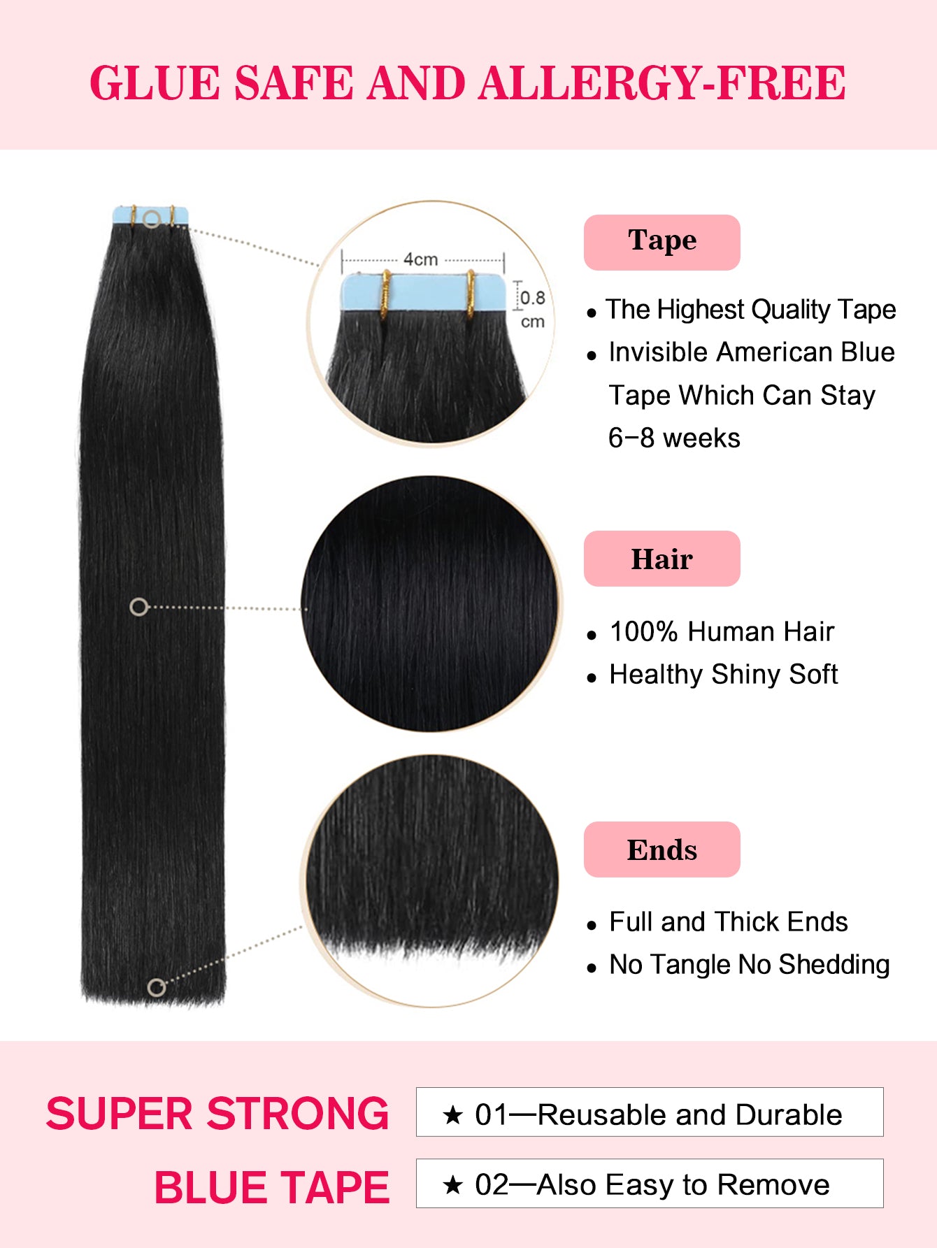 1# Tape in Hair Extensions Jet Black 100% Remy Human 20 inches 20pcs 50g/pack Straight Seamless Skin Weft Hair