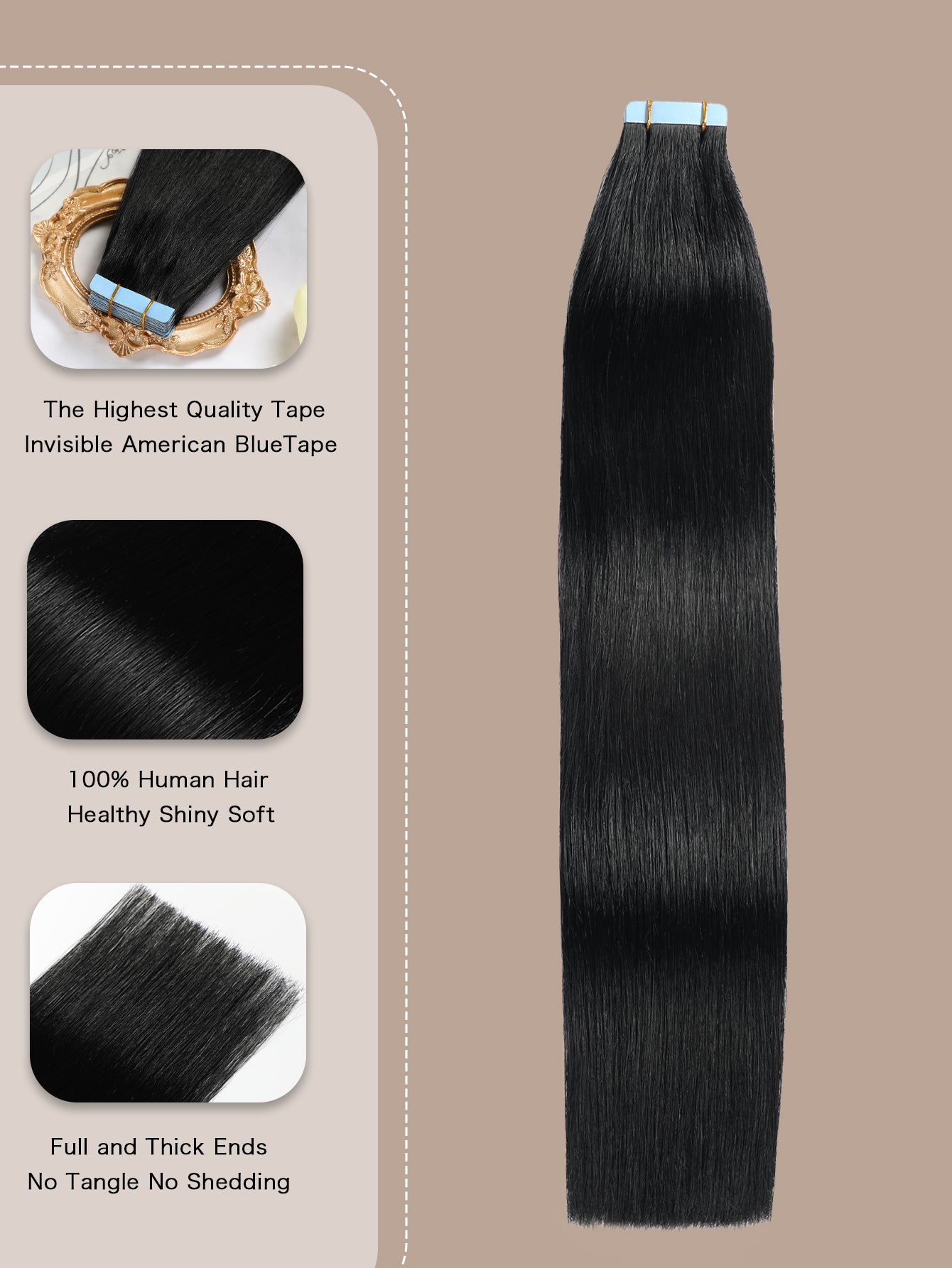 Invisible Tape in Hair Extensions Human Hair Jet Black Seamless Injected Hand-Tied Pro Quality Virgin Human Hair 20PCS 50G/Pack Straight Tape Ins(18 inch #1 Jet Black)