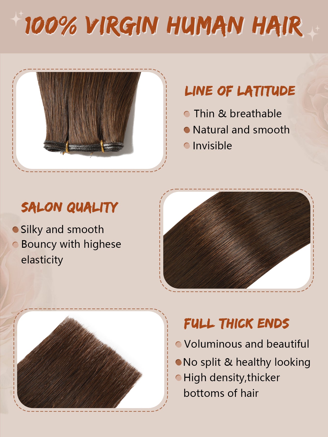 4#Middle brown Genius Weft Hair Extensions Human Hair Sew in Hair Extensions Real Human Hair Weft Extensions Hand Tied Virgin Hair 50G