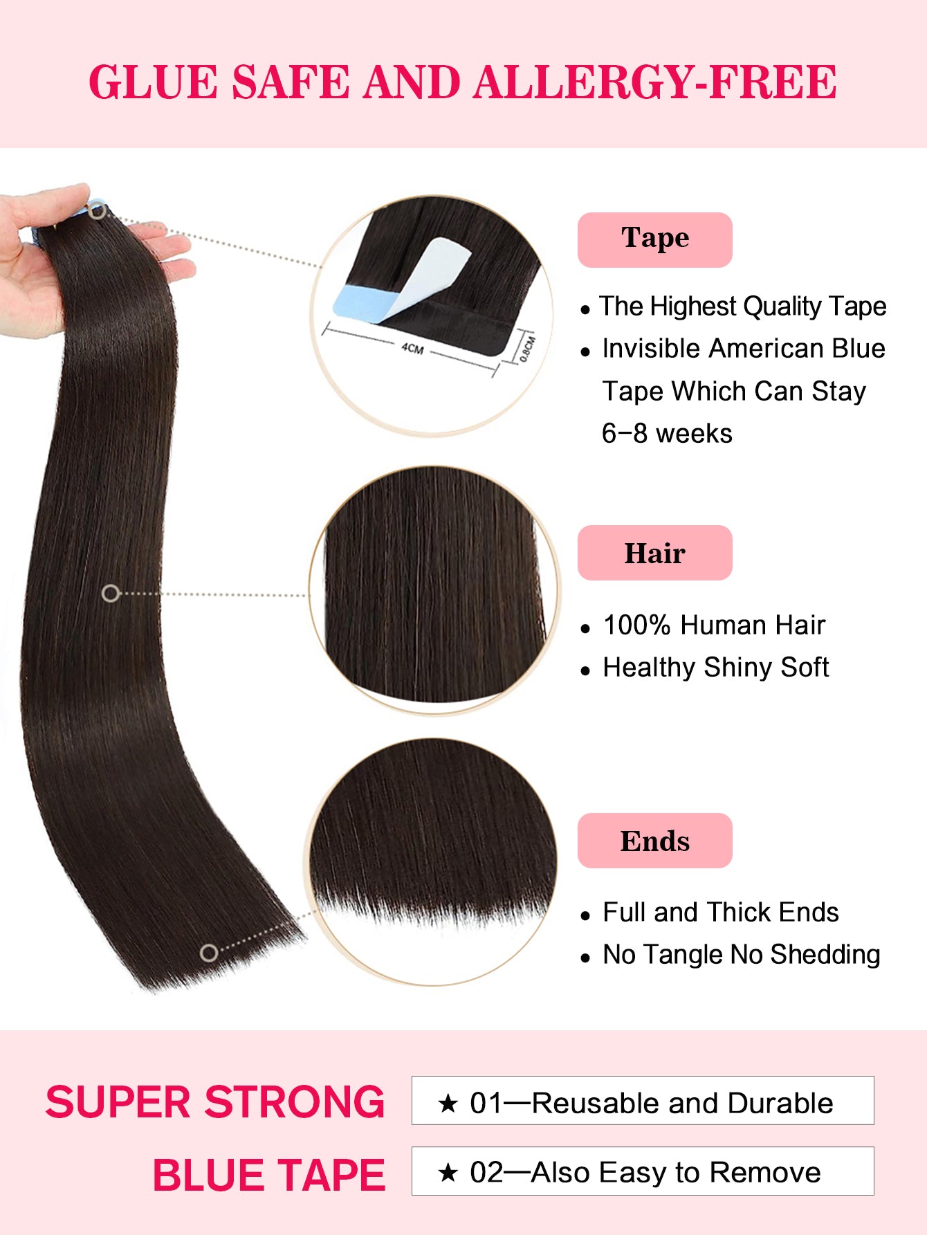 2# Tape in Hair Extensions Dark Brown 100% Remy Human 20 inches 20pcs 50g/pack Straight Seamless Skin Weft Hair