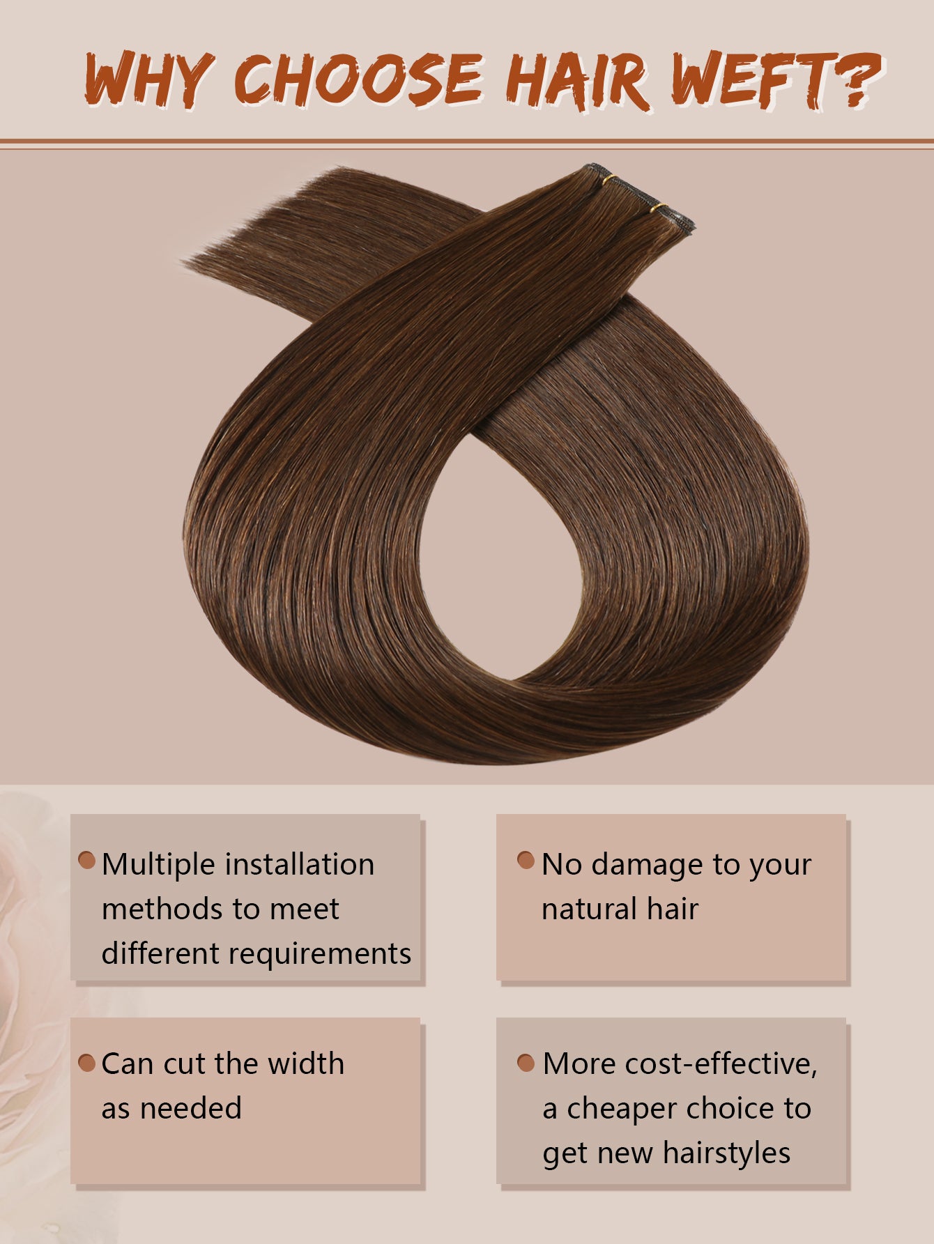 4#Middle brown Genius Weft Hair Extensions Human Hair Sew in Hair Extensions Real Human Hair Weft Extensions Hand Tied Virgin Hair 50G