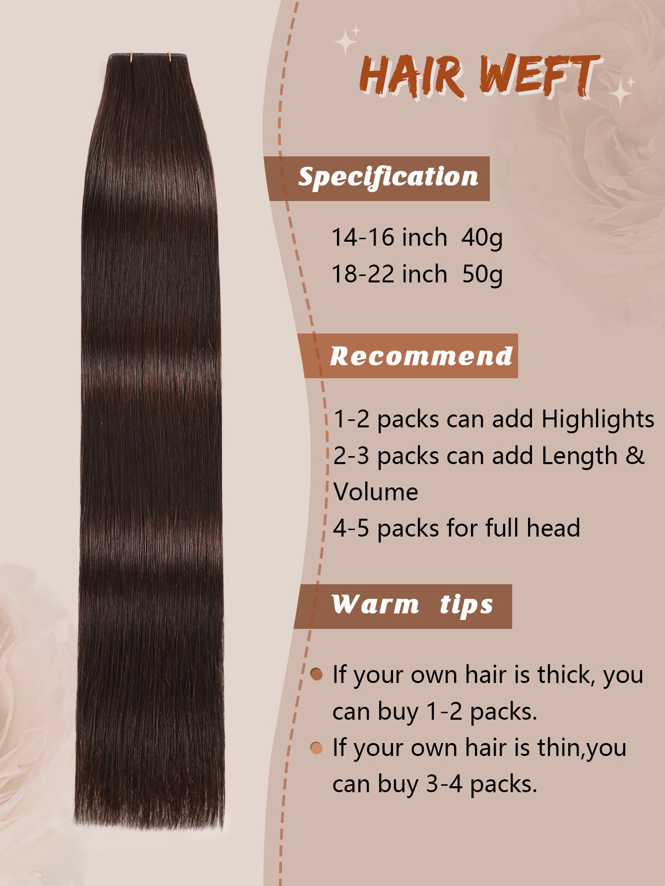 2#Dark brown Genius Weft Hair Extensions Human Hair Sew in Hair Extensions Real Human Hair Weft Extensions Hand Tied Virgin Hair 50G