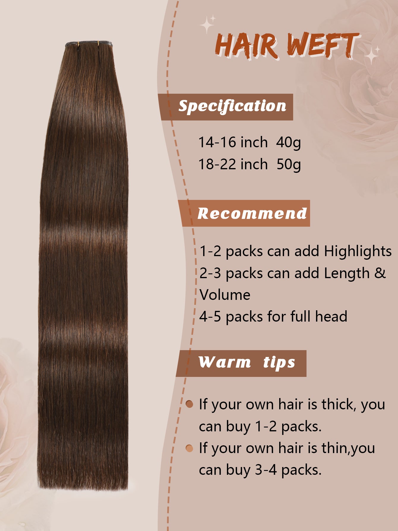 4#Middle brown Genius Weft Hair Extensions Human Hair Sew in Hair Extensions Real Human Hair Weft Extensions Hand Tied Virgin Hair 50G