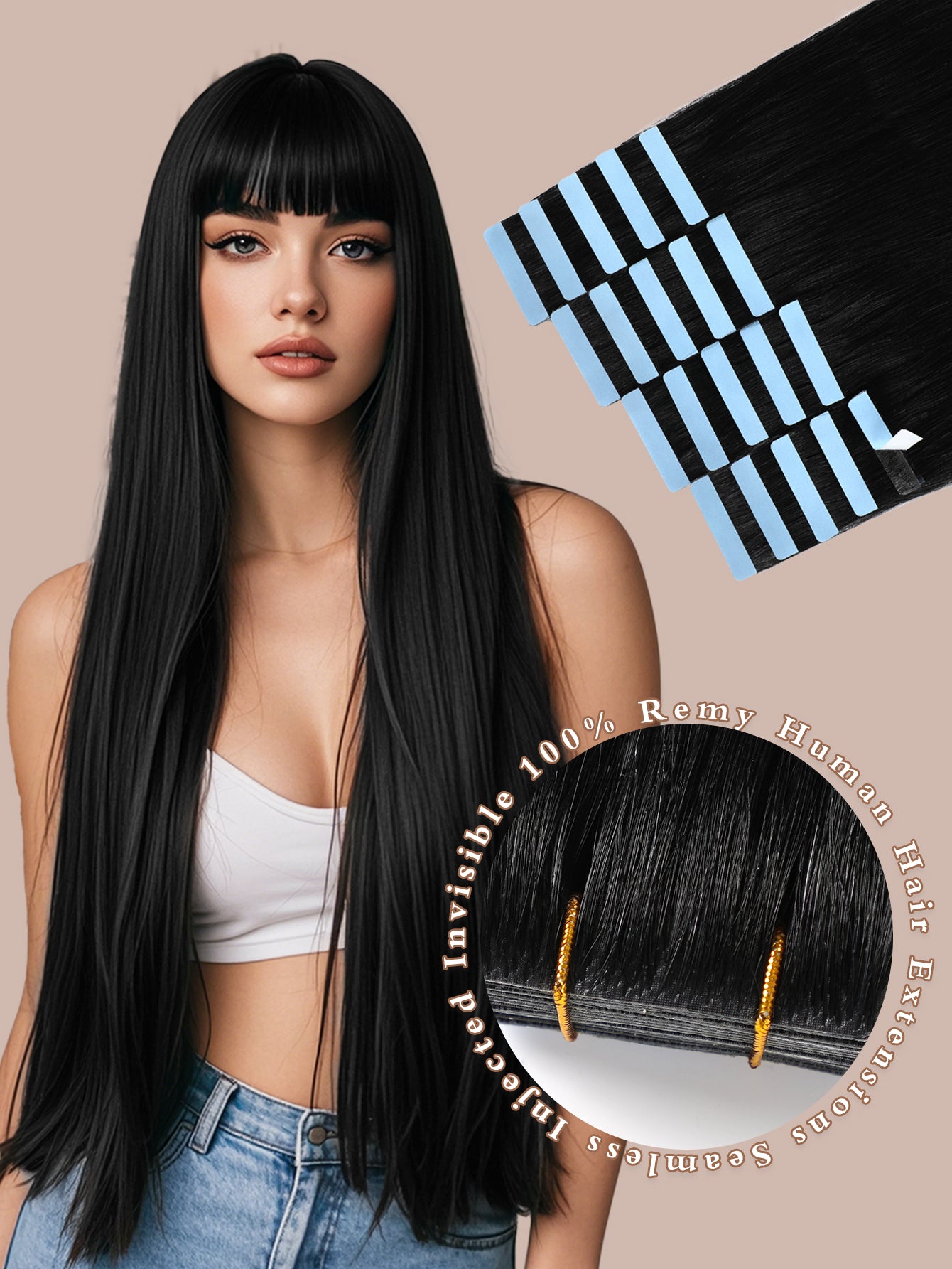 Invisible Tape in Hair Extensions Human Hair Jet Black Seamless Injected Hand-Tied Pro Quality Virgin Human Hair 20PCS 50G/Pack Straight Tape Ins(18 inch #1 Jet Black)