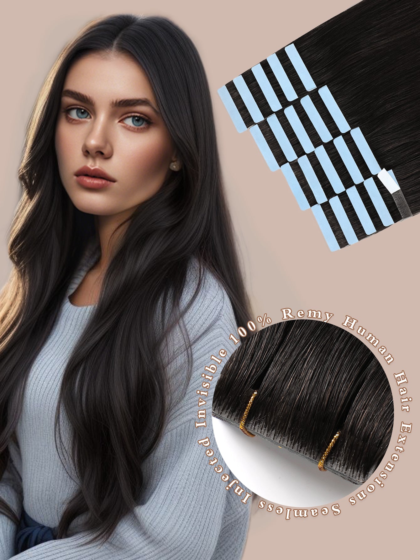 Invisible Tape in Hair Extensions Human Hair Jet Black Seamless Injected Hand-Tied Pro Quality Virgin Human Hair 20PCS 50G/Pack Straight Tape Ins(18 inch #1 Jet Black)