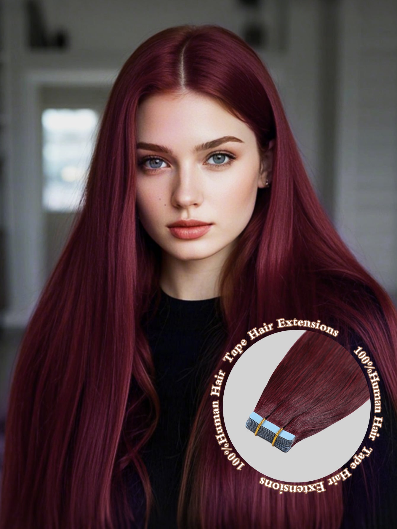 Burgundy# Tape in Hair Extensions Wine Red 100% Remy Human 20 inches 20pcs 50g/pack Straight Seamless Skin Weft Hair
