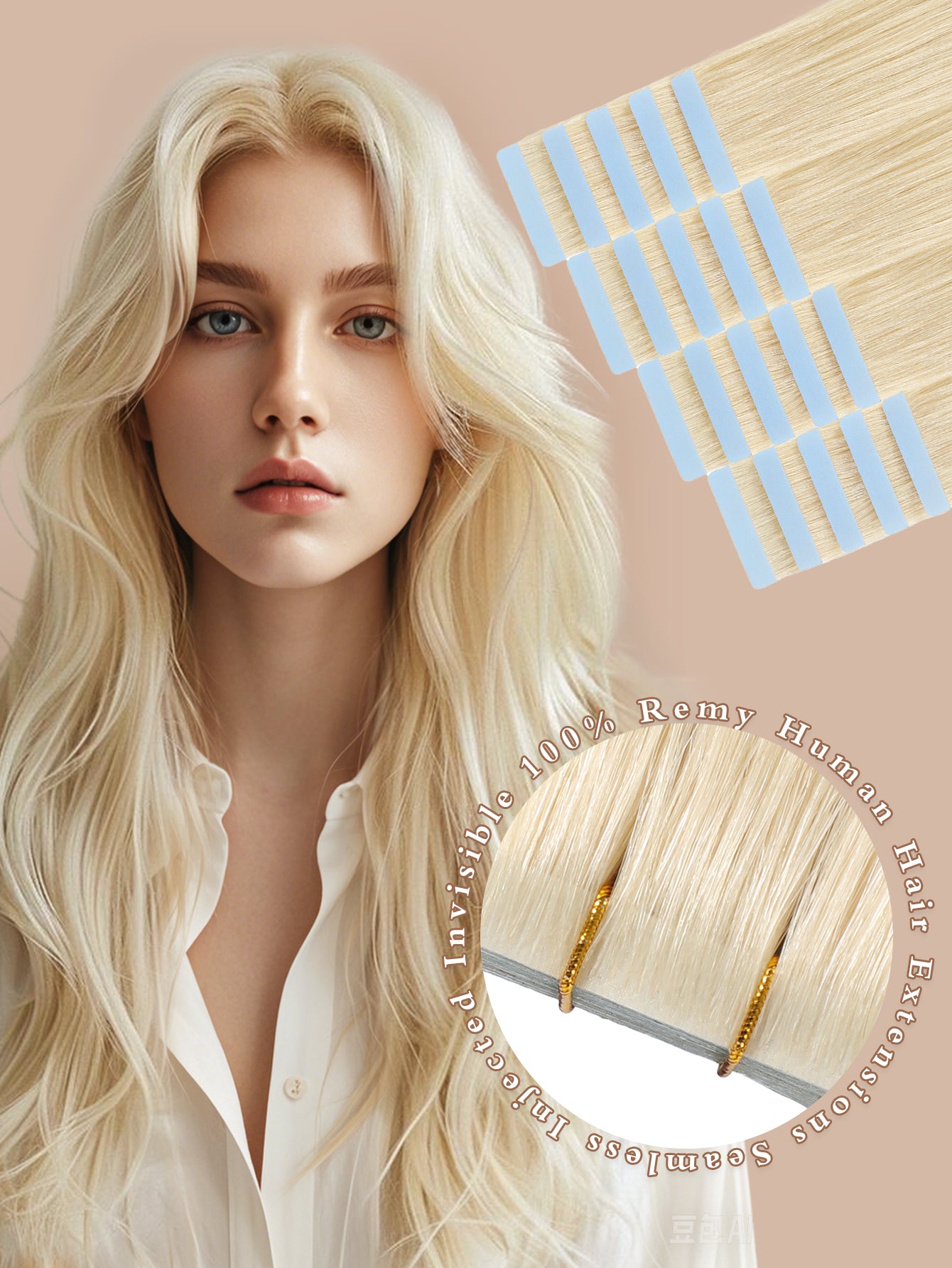 Invisible Tape in Hair Extensions Human Hair Jet Black Seamless Injected Hand-Tied Pro Quality Virgin Human Hair 20PCS 50G/Pack Straight Tape Ins 60#Platinum Blonde