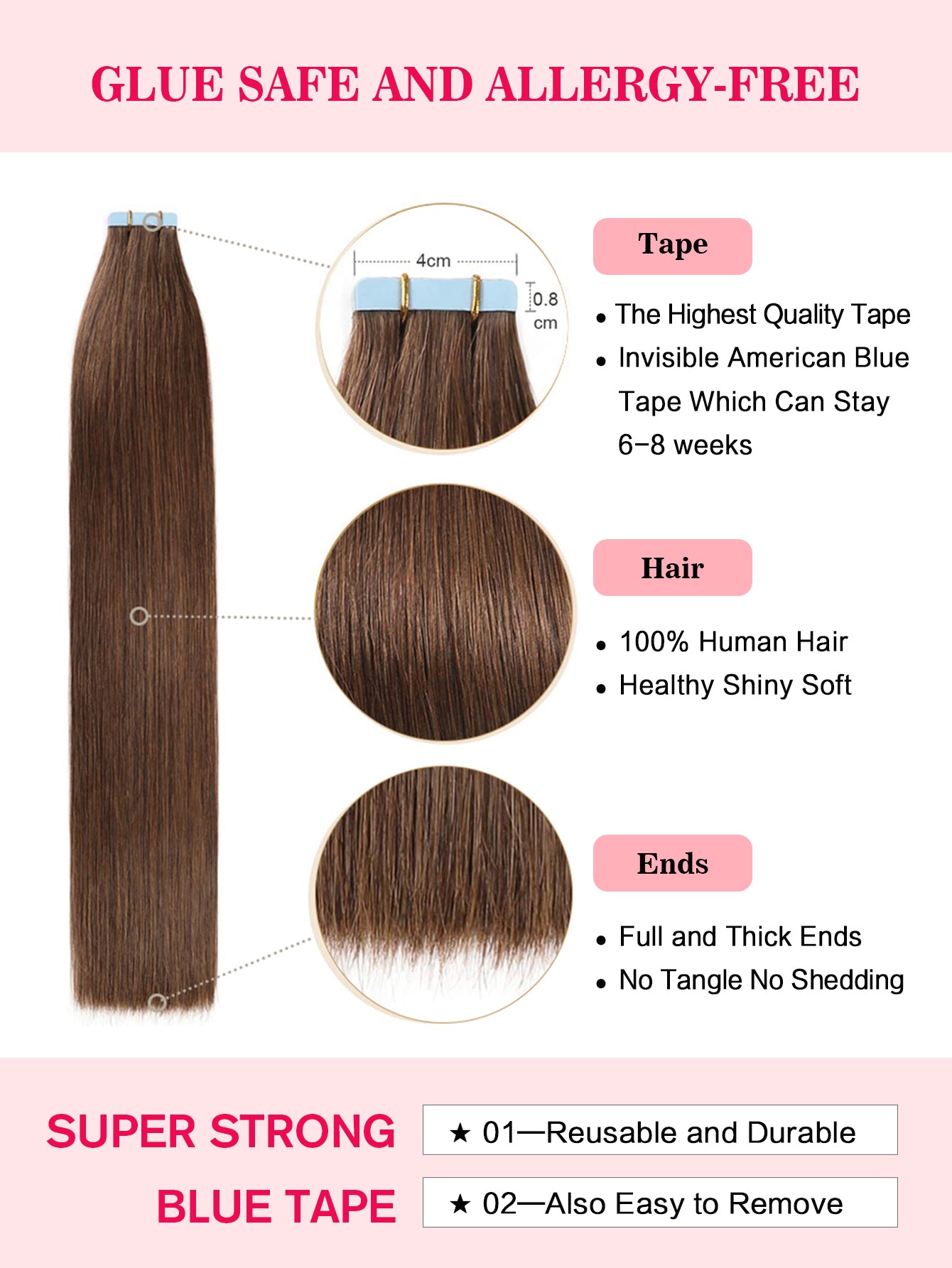 4# Tape in Hair Extensions Middle Brown 100% Remy Human 20 inches 20pcs 50g/pack Straight Seamless Skin Weft Hair