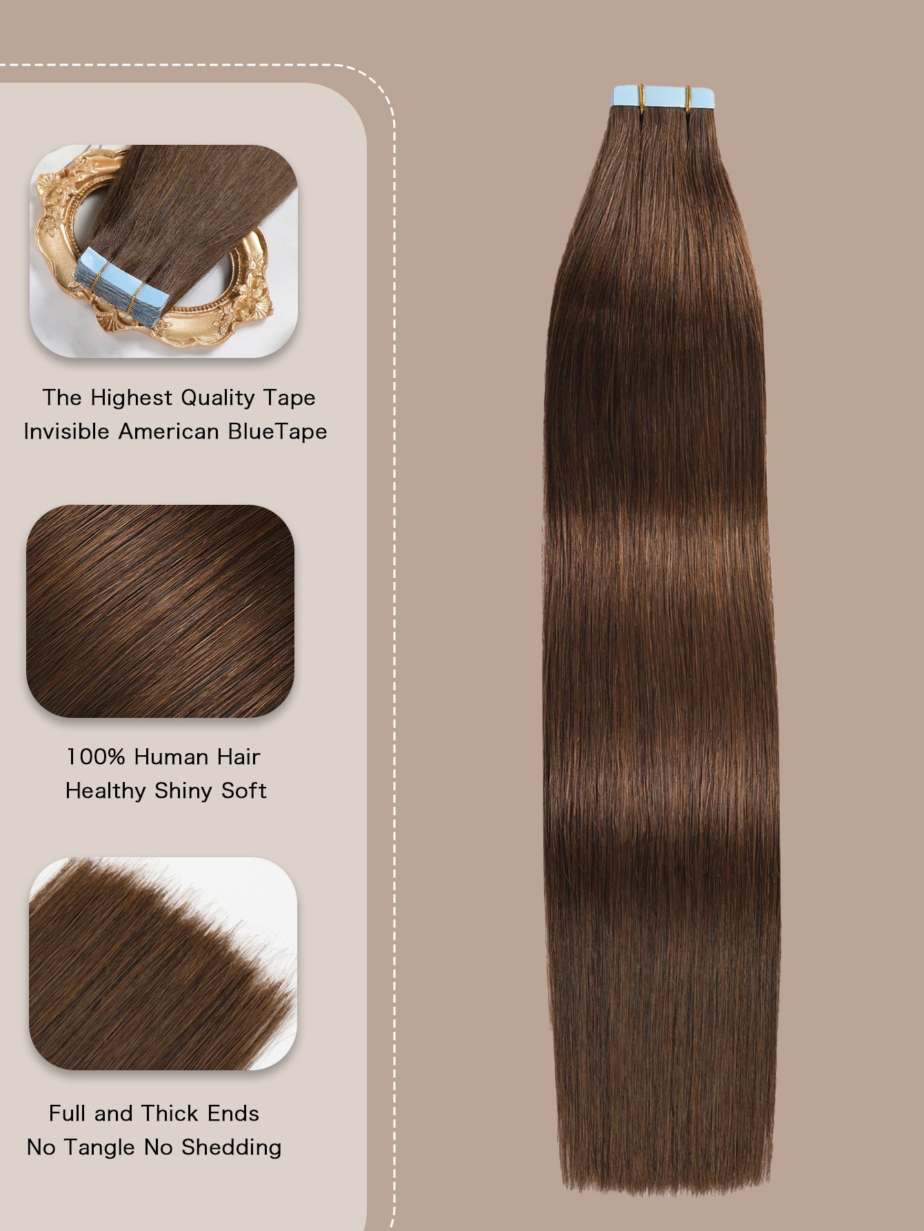 Invisible Tape in Hair Extensions Human Hair 4#Middle Brown Seamless Injected Hand-Tied Pro Quality Virgin Human Hair 20PCS 50G/Pack Straight Tape Ins