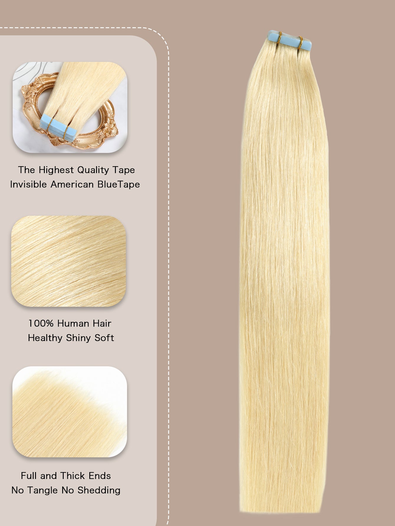 Invisible Tape in Hair Extensions Human Hair Jet Black Seamless Injected Hand-Tied Pro Quality Virgin Human Hair 20PCS 50G/Pack Straight Tape Ins 60#Platinum Blonde