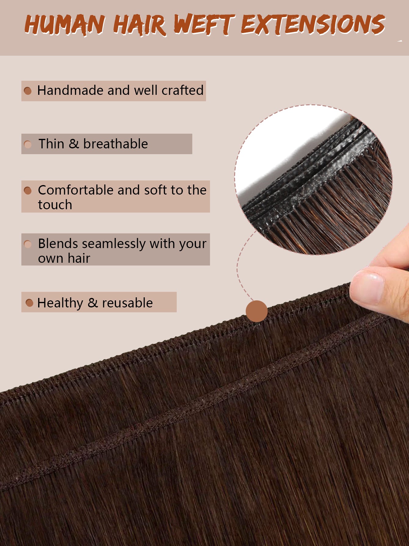4#Middle brown Genius Weft Hair Extensions Human Hair Sew in Hair Extensions Real Human Hair Weft Extensions Hand Tied Virgin Hair 50G