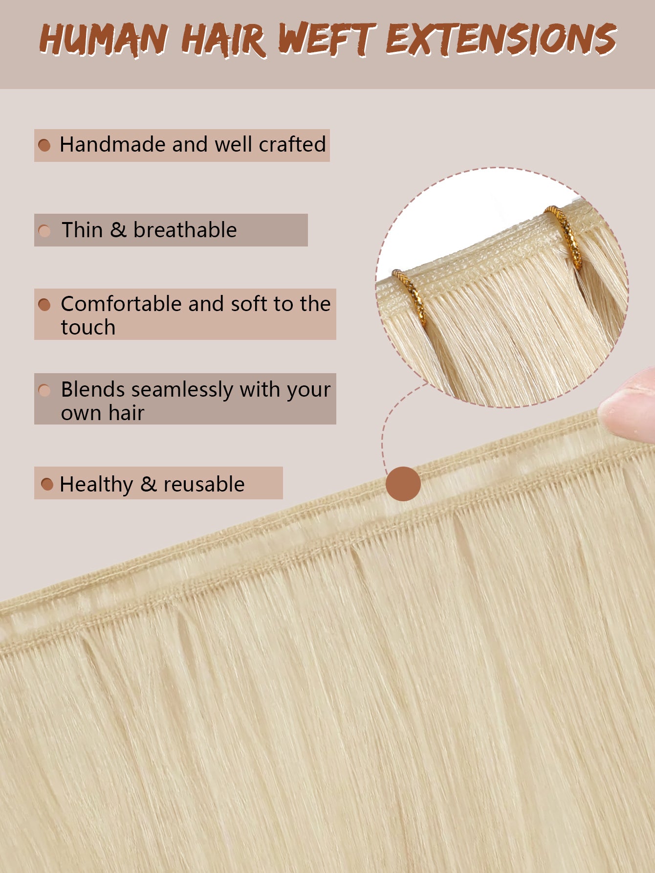 60#Platinum blonde Genius Weft Hair Extensions Human Hair Sew in Hair Extensions Real Human Hair Weft Extensions Hand Tied Virgin Hair 50G