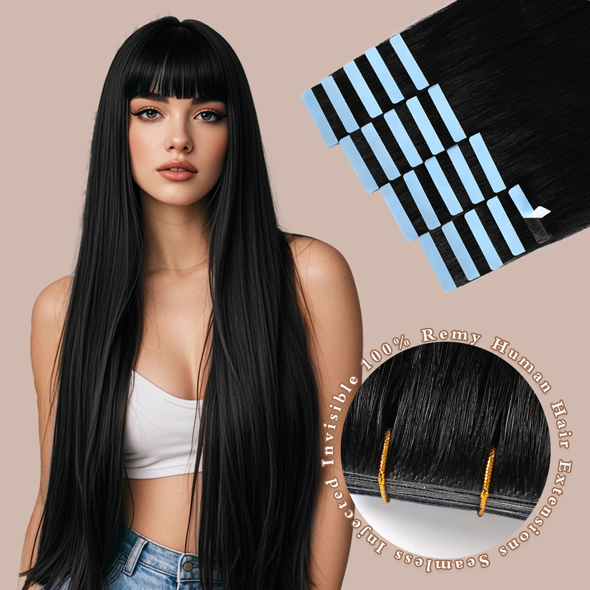 Invisible Tape in Hair Extensions Human Hair Jet Black Seamless Injected Hand-Tied Pro Quality Virgin Human Hair 20PCS 50G/Pack Straight Tape Ins(18 inch #1 Jet Black)