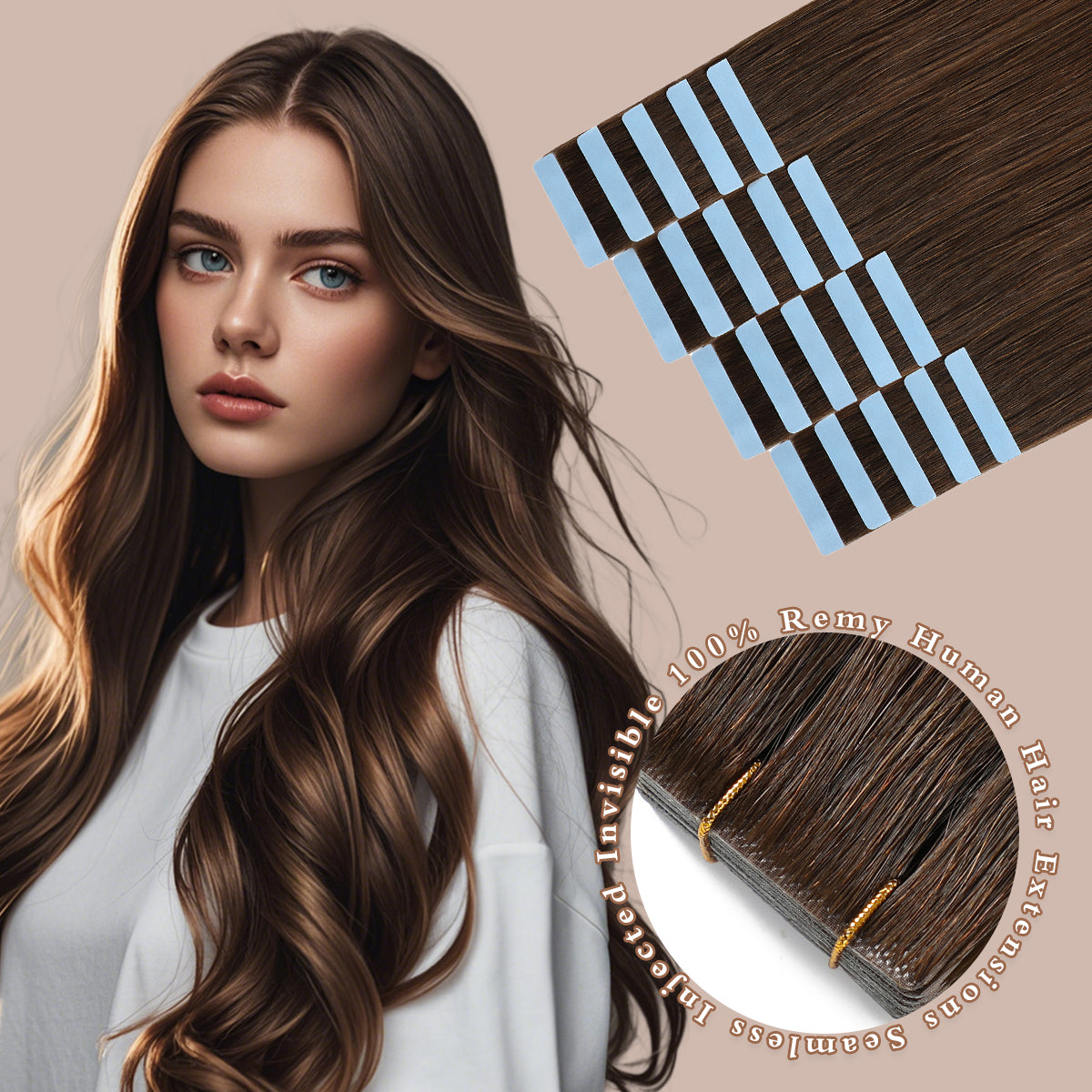 Invisible Tape in Hair Extensions Human Hair 4#Middle Brown Seamless Injected Hand-Tied Pro Quality Virgin Human Hair 20PCS 50G/Pack Straight Tape Ins