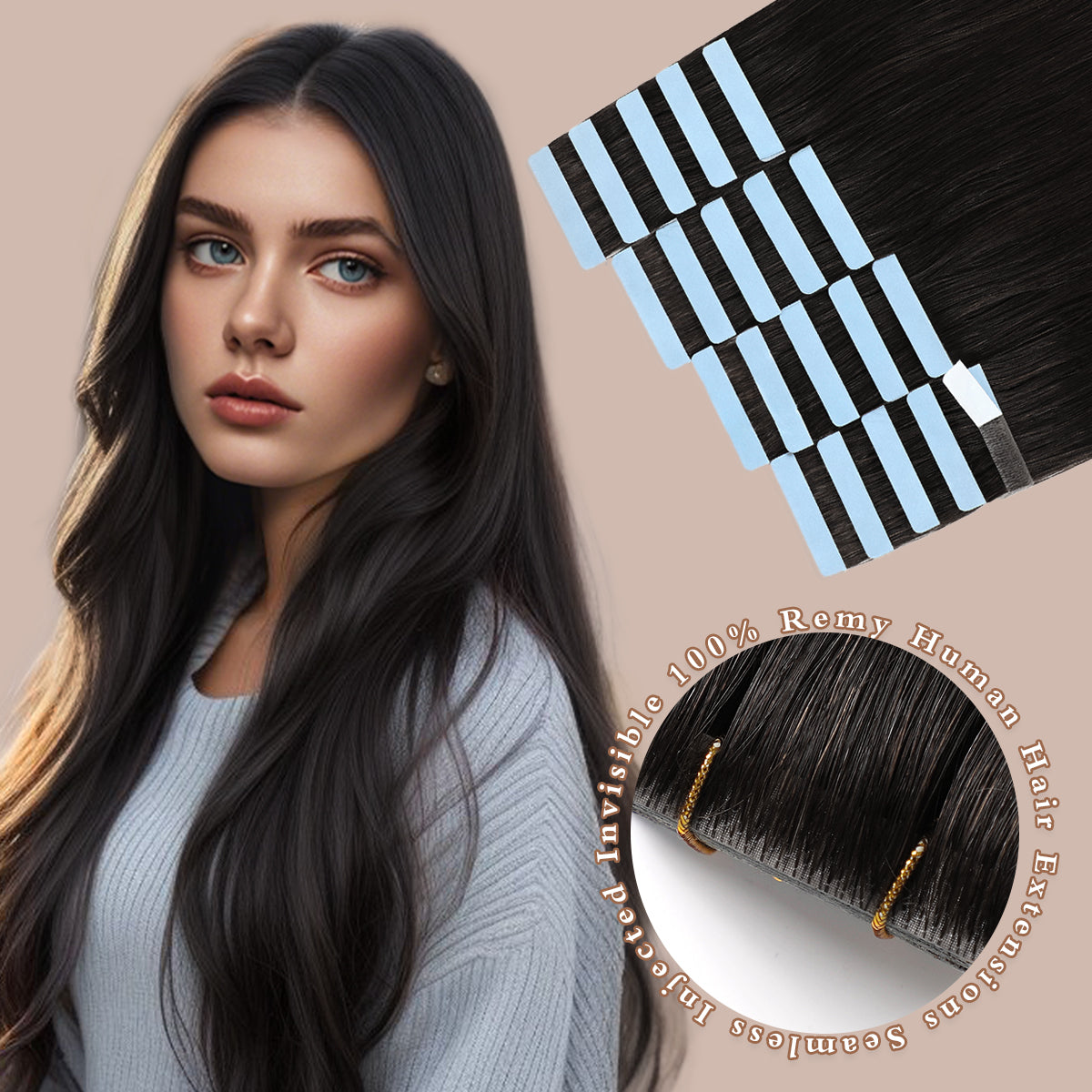 Invisible Tape in Hair Extensions Human Hair Jet Black Seamless Injected Hand-Tied Pro Quality Virgin Human Hair 20PCS 50G/Pack Straight Tape Ins