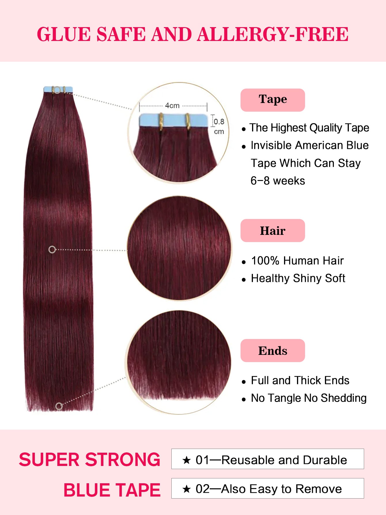 Burgundy# Tape in Hair Extensions Wine Red 100% Remy Human 20 inches 20pcs 50g/pack Straight Seamless Skin Weft Hair