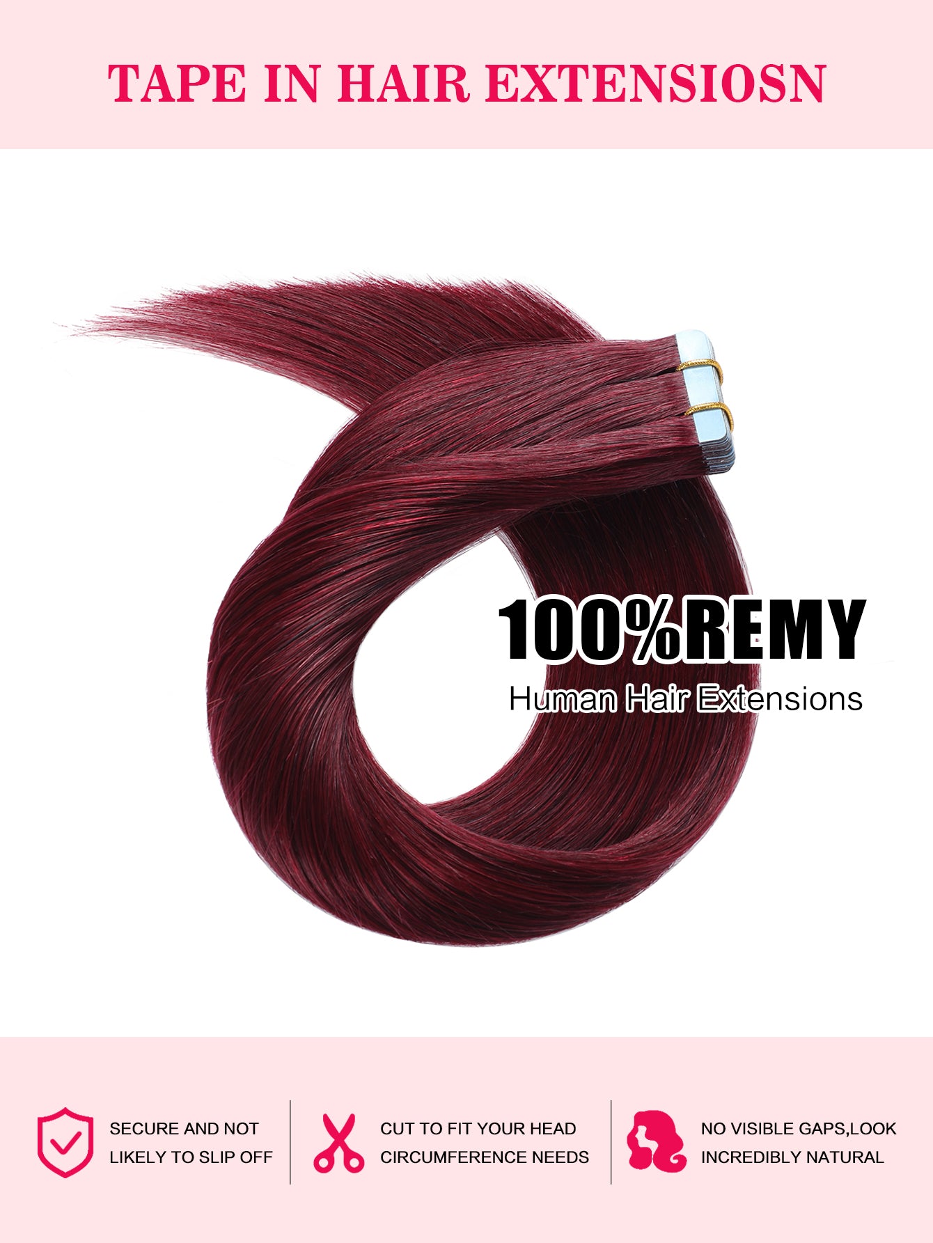 Burgundy# Tape in Hair Extensions Wine Red 100% Remy Human 20 inches 20pcs 50g/pack Straight Seamless Skin Weft Hair