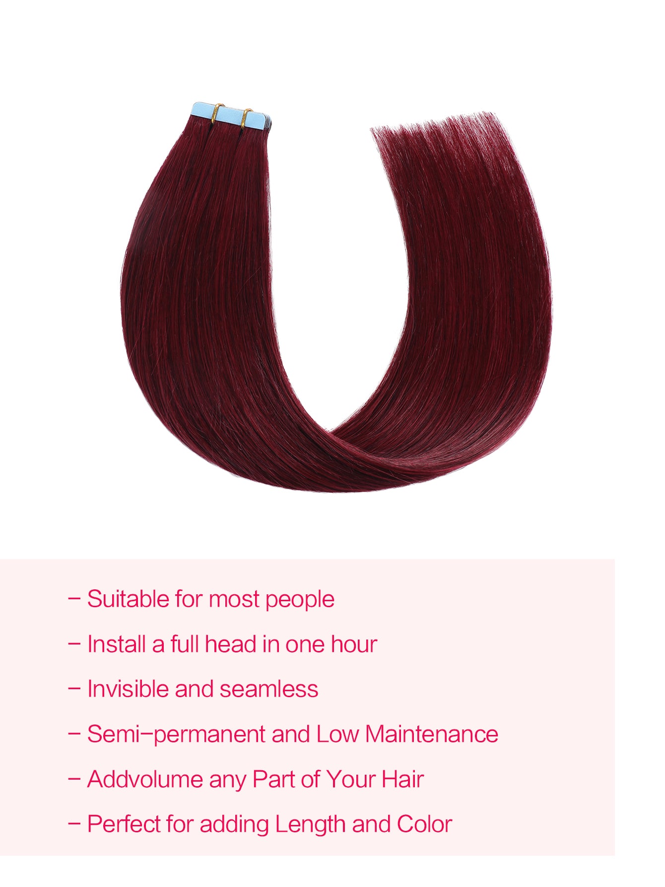 Burgundy# Tape in Hair Extensions Wine Red 100% Remy Human 20 inches 20pcs 50g/pack Straight Seamless Skin Weft Hair