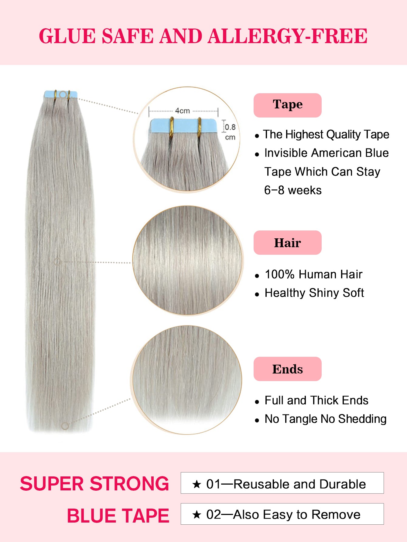 Silver# Tape in Hair Extensions 100% Remy Human 20 inches 20pcs 50g/pack Straight Seamless Skin Weft Hair