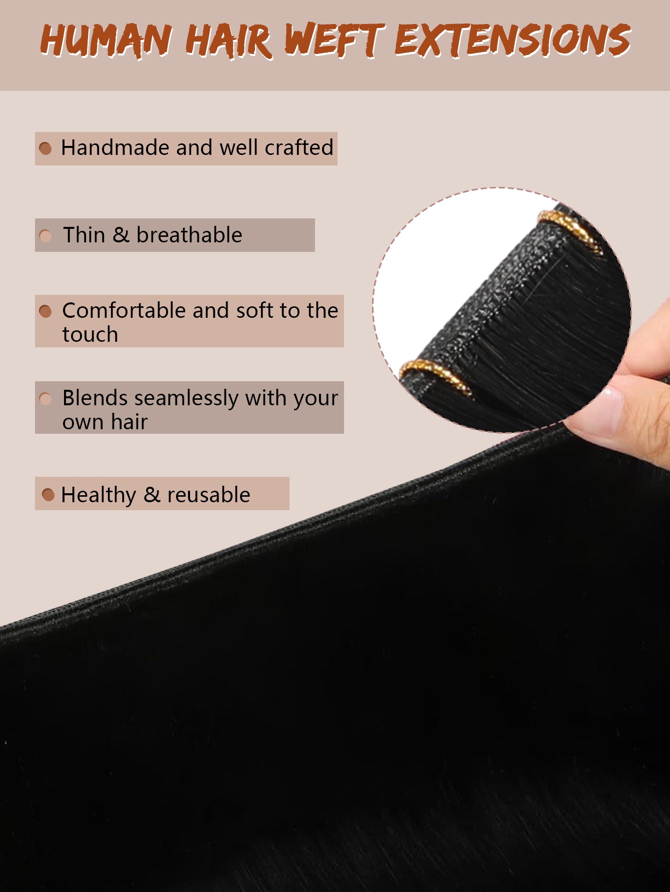 1B#Off Black Genius Weft Hair Extensions Human Hair Sew in Hair Extensions Real Human Hair Weft Extensions Hand Tied Virgin Hair 50G