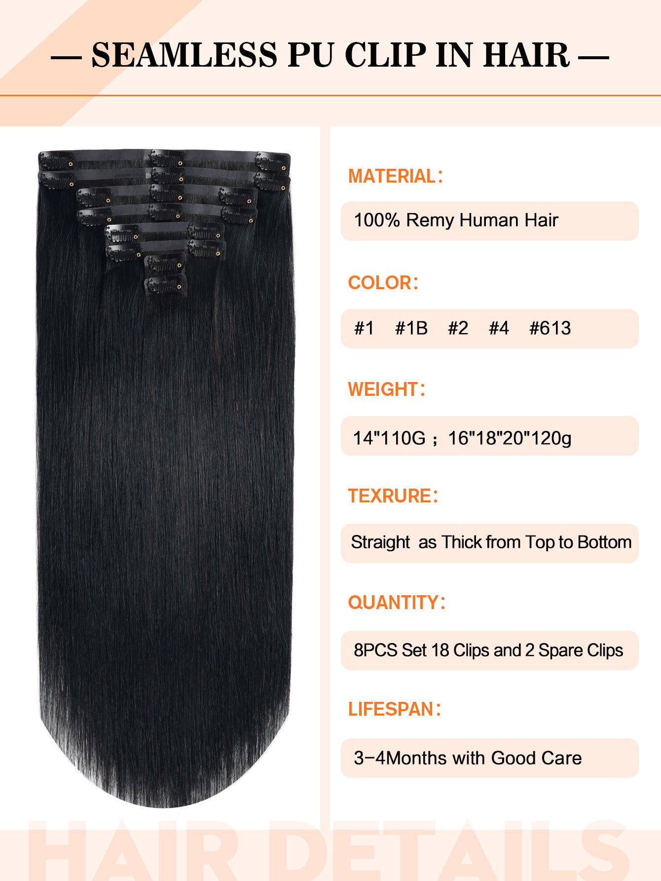 Premium Remy Clip in hair 14-20inches 110g/120g/set