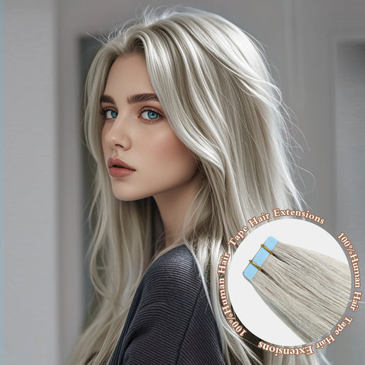 Silver# Tape in Hair Extensions 100% Remy Human 20 inches 20pcs 50g/pack Straight Seamless Skin Weft Hair